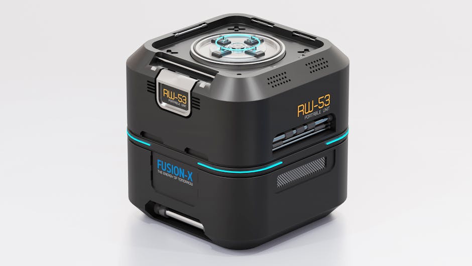 Modern RW-53 portable fusion energy unit showcased against a clean white background.