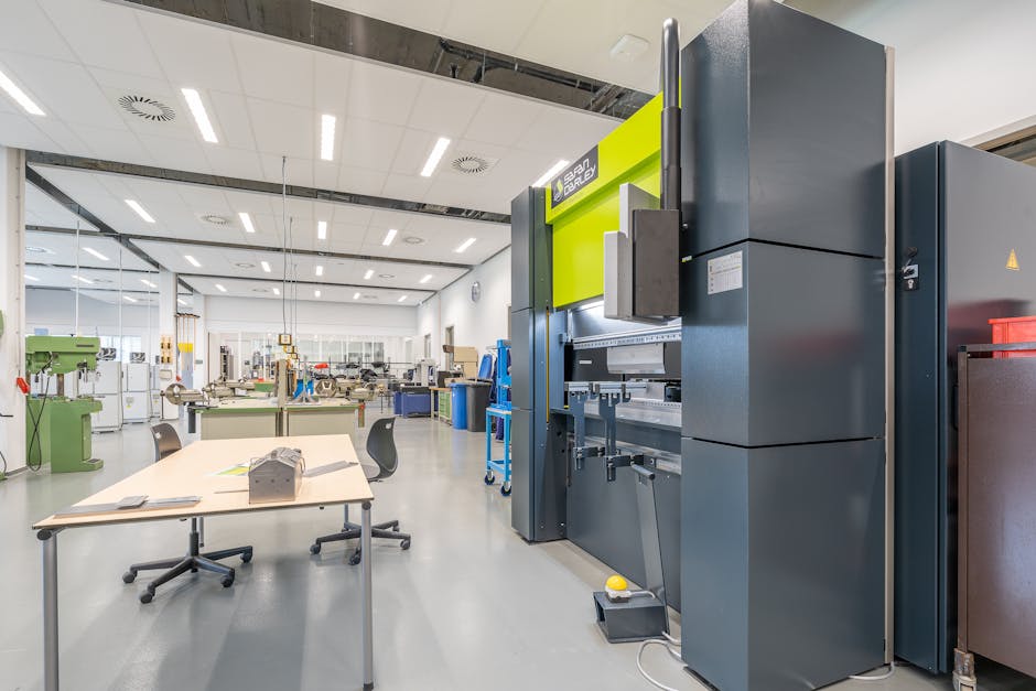 Spacious industrial workshop featuring advanced machinery and organized workstations.