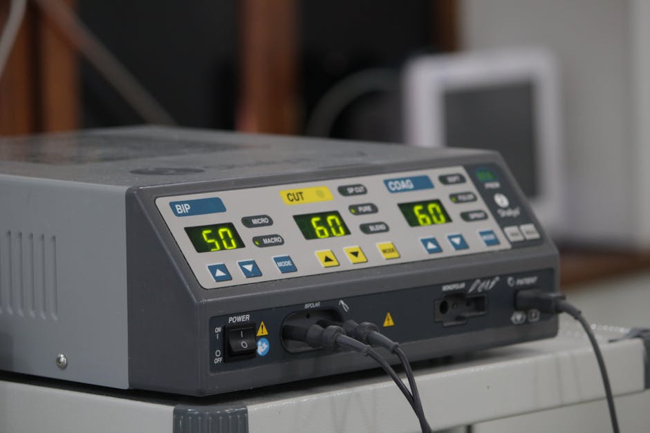 A close-up view of a medical electrosurgical generator used in surgical procedures.