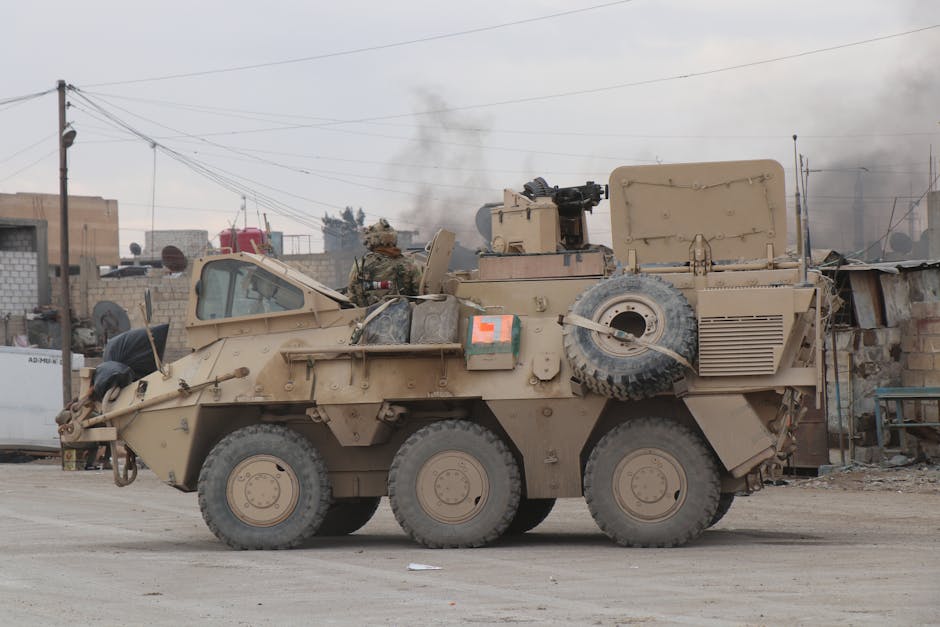 A military vehicle in an urban conflict environment in Al Hasakah, Syria.