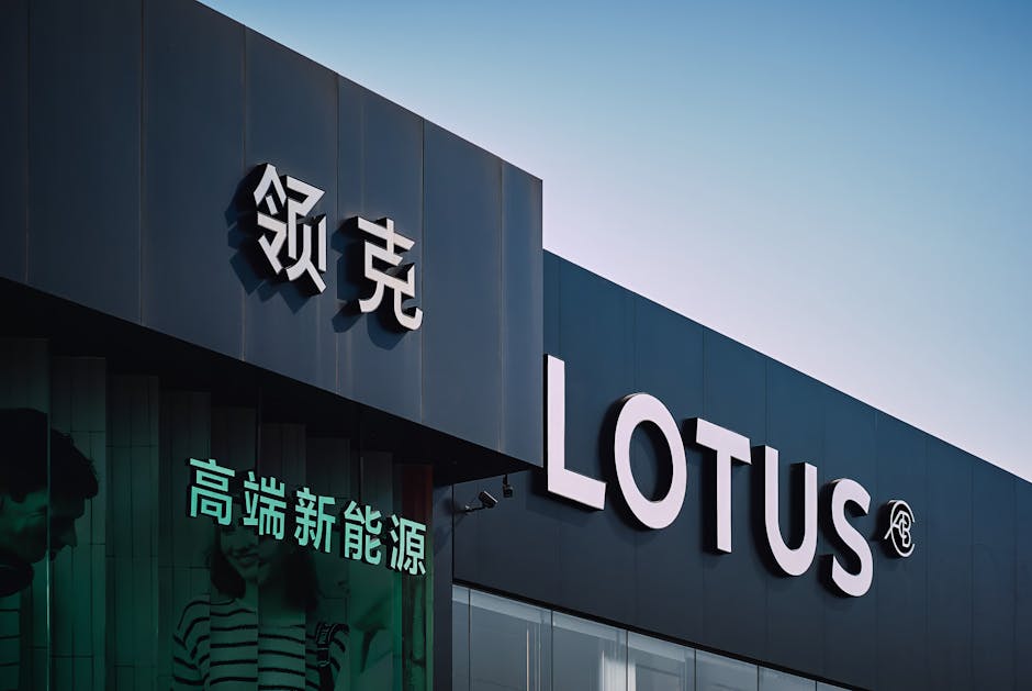 Lotus dealership exterior in urban Tianjin, China with bold signage.