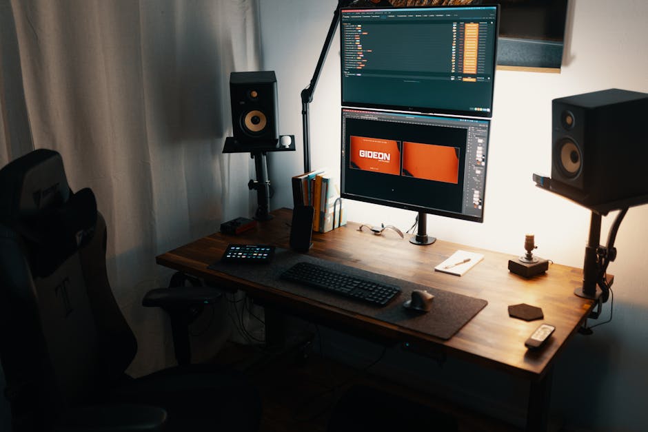 A well-organized home office featuring dual monitors, speakers, and stylish wood desk perfect for design and tech work.
