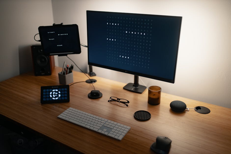 A modern desk setup featuring digital devices and a stylish minimalist design, perfect for productivity.