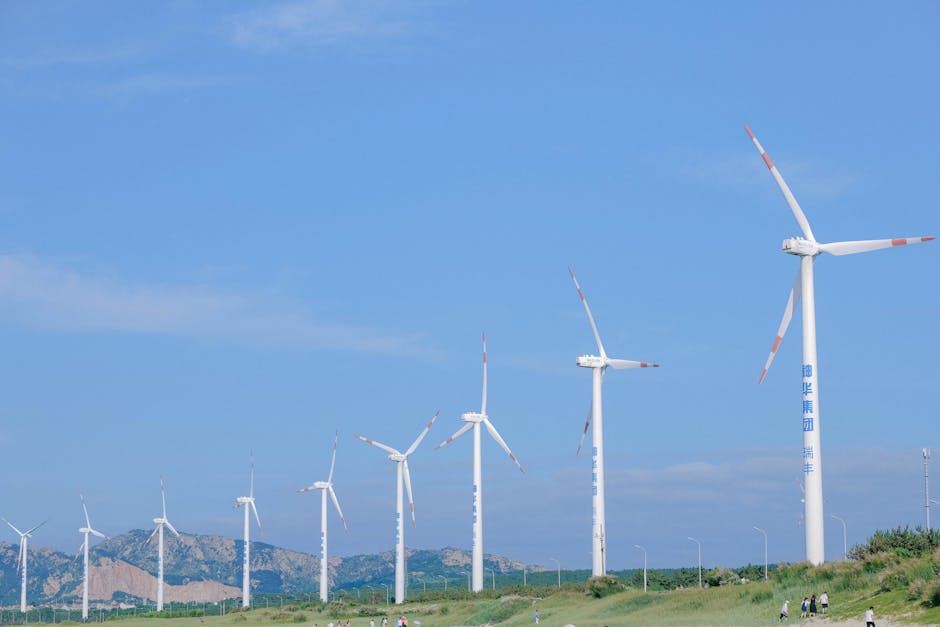 Row of wind turbines against blue sky in Weihai, promoting renewable energy.