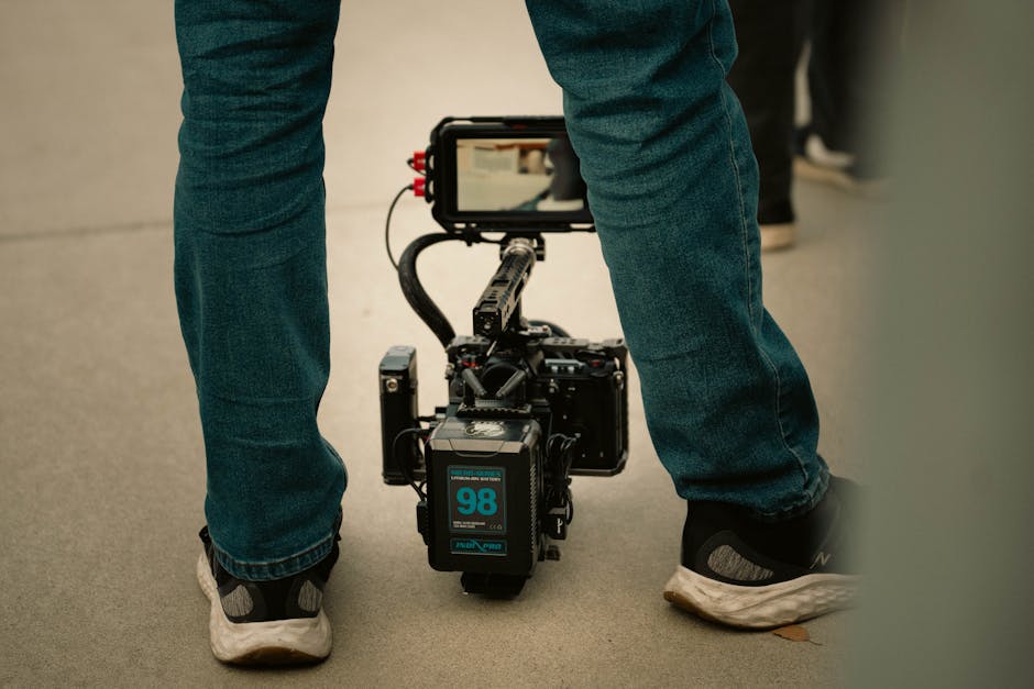 Close-up of a modern professional camera rig setup in outdoor filming.