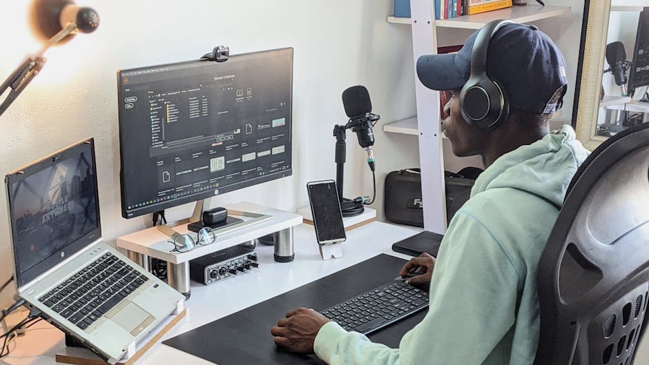 A man wearing headphones working at a desk with various electronic devices, showcasing a modern home office setup.